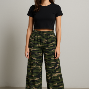 Front view of woman wearing camouflage palazzo pants with black crop top